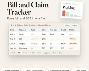Könnte beinhalten: Eine digitale Vorlage zur Rechnungs- und Anspruchsverfolgung mit einer Tabellenkalkulationsoberfläche mit Spalten für Date, Provider, Type, Billed, Plan paid, Owed und Status. Enthält ein Claims by Status-Diagramm, Excel- und Sheets-Beschriftungen sowie den Text: Instant download, Excel + Google Sheets, Printable PDF included, Yours forever.