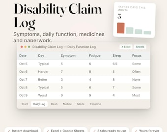 Könnte beinhalten: Eine digitale Vorlage für ein Disability Claim Log von Smartorangelab mit einer täglichen Funktionstabelle mit Spalten für Datum, Tag, Symptom, Müdigkeit, Schlaf und Fokus. Enthält ein Balkendiagramm für schwierigere Tage und Tabs.