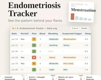 Antimetriose-Tracker Tabelle | liches Schmerz-Perioden Tagebuch (Excel, Google Sheets)