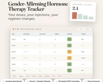 Könnte beinhalten: Eine digitale Gender-Affirming Hormone Therapy Tracker Tabellenvorlage von Smartorangelab. Die Benutzeroberfläche zeigt eine tägliche Protokolltabelle zur Erfassung von Dosen, Stimmung, Müdigkeit und Schwierigkeitsgrad sowie ein Diagramm.