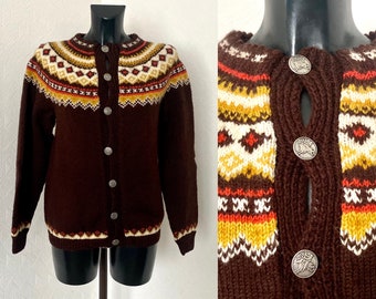 Vintage 90s Unisex Brown Wool Cardigan Nordic Wear Knitted Fair Isle Warm Winter Jacket Nordic Norge Knit Fisherman Jumper Button Up  Size M