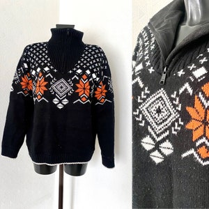 Unisex Black Wool Sweater Outwear Jacket Nordic Jumper Quarter Zip Winter Pullover Sweater Knitted Ornaments Jumper Ski Pullover Size M/L
