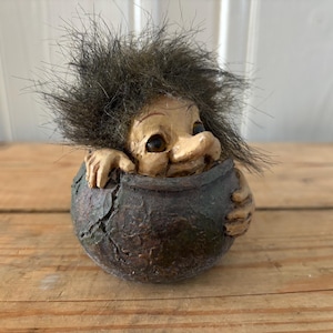 Vintage Ny Form Troll Troll in Pot Norwegian Troll Scandinavian Folk Art Nordic Troll Figure Handmade Nordic Rustic Collectible