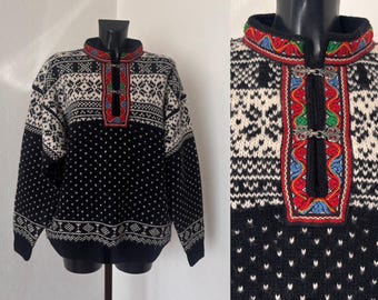 Maglione da uomo grigio scuro, caldo maglione invernale nordico in lana, maglione norvegese lavorato a maglia, ornamenti lavorati a maglia, sci, pescatore, chiusura con gancio, taglia L/XL