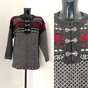 Unisex Dark Gray Sweater Nordic Warm Winter Wool Jumper Norgewear Norwegian Knit Jumper Knitted Ornaments Ski Fisherman Hook Closure Size M