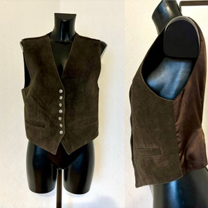 Vintage Brown Front Leather Back Silk Men&#39;s Vest  90&#39;s Motorbiker Vest Biker Motorcycle Vest Leather Fetish Cowboy Snap Button Vest Size S/M