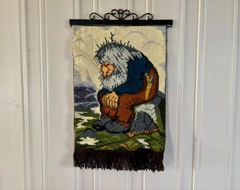 Vintage 1970's Norwegian Homemade Troll Tapestry Wall Hanging Wool Needlepoint Wall Quilt Embroidery Carpet Decor Handmade from Norway