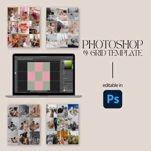 Pode incluir: Um modelo de grade de 9 do Photoshop para criar colagens de fotos. O modelo é mostrado na tela de um laptop com uma sobreposição de grade rosa e verde. O modelo é editável no Photoshop.