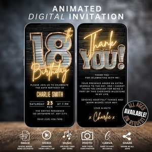 Faire-part 18e anniversaire pour homme, modèle modifiable sur toile d'invitation 18e anniversaire pour garçons, invitation vidéo Whatsapp noir et or avec carte de remerciement