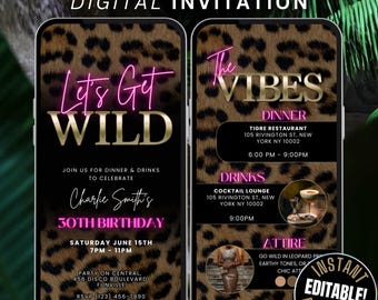 Cheetah Print Birthday Dinner & Drinks Invitation Template, Animated Pink and Gold Jungle Glam Birthday Brunch Invite Leopard Print Evite