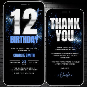 Boys 12th Birthday Invitation, Animated Silver Blue 12 Birthday Party Invite, Editable Digital Canva Template, Twelve Invite Thank You eCard