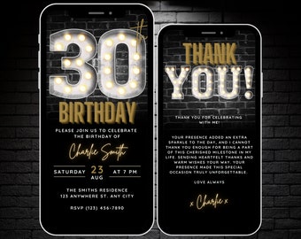 30th Birthday Invitation for Men, 30th Digital Invite Black Gold Invitation Canva Template, Thirty Bday Party Phone Invite & Thank You Card