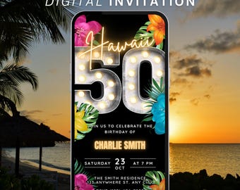 May include: Animated digital invitation for a 50th birthday party in Hawaii. The design features the word "Hawaii" and the number "50" in bright lights, surrounded by tropical flowers and foliage. The invitation includes the party details.
