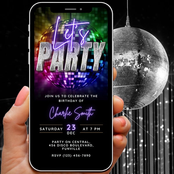 Animated Lets Party Invite Digital Invitation, Disco Diva Birthday Video Invite, Editable Boogie Nights Invite, Disco Ball Template Evite