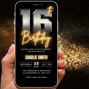 May include: A black and gold smartphone screen displays a 16th birthday invitation for Charlie Smith. The invitation includes the date, time, and location of the party. The background is a black and gold glitter design.