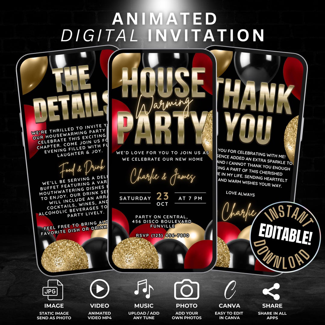 Housewarming Party Invitation Digital, Red Gold & Black House Warming ...
