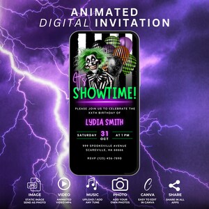 May include: Digital invitation on a smartphone screen with a purple and black theme. The invitation features a green-haired character, balloons, and the text "SHOWTIME!" It includes event details for Lydia Smith's birthday.