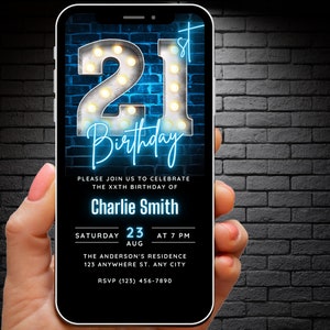 Modèle d’invitation du 21e anniversaire à télécharger pour hommes femmes, invitation du 21e anniversaire, 21e fête Digital Evite Ecard modifiable Neon Blue Invite