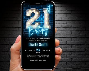 Modello di invito per il 21° compleanno da scaricare per uomini e donne, invito per il 21° compleanno, invito digitale per la festa del 21° compleanno, invito blu neon modificabile.