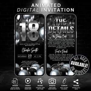 Animated 18th Birthday Invitation, Black & Silver 18 Party Invite, Personalized Video Invite, Digital 18th Bday Teen Party Instant Download