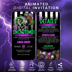 May include: A digital invitation for a 20th birthday party with a spooky theme. The invitation features a cartoon character with green hair and a black and white striped suit. The text on the invitation says "It's Showtime!" and "Please join us to celebrate the XXth birthday of Lydia Smith". The invitation also includes details about the party, such as the date, time, and location.