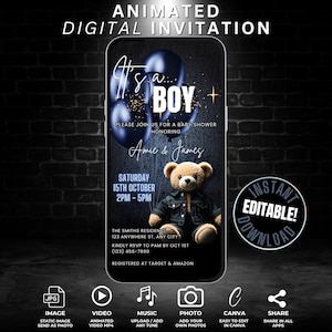 Digital Denim Teddy Bear It&#39;s a Boy Baby Shower Invitation Template, Self Edit Animated Couples Baby Shower Invite for Phone, Jeans Party
