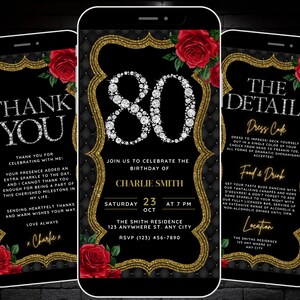 Womens 80th Birthday Invitation Template, Red Gold 80th Invite Digital with a Gatsby Theme with Details & Thank You eCard Custom Phone Evite
