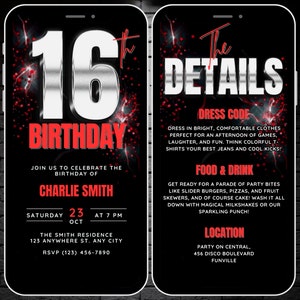 Invitation vidéo d'anniversaire de 16 ans rouge argenté pour garçons, invitation numérique pour la fête du 16e anniversaire et page de détails de l'itinéraire