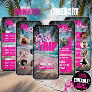 May include: A pink and black digital invitation for a girls' trip to celebrate a 30th birthday. The invitation includes a schedule of events, travel details, and a beach background.