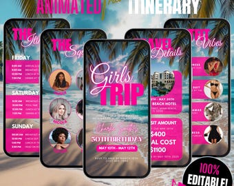 Invito per weekend di compleanno e itinerario di viaggio per ragazze digitali, modello di invito per vacanze a Miami modificabile, pianificatore di programma