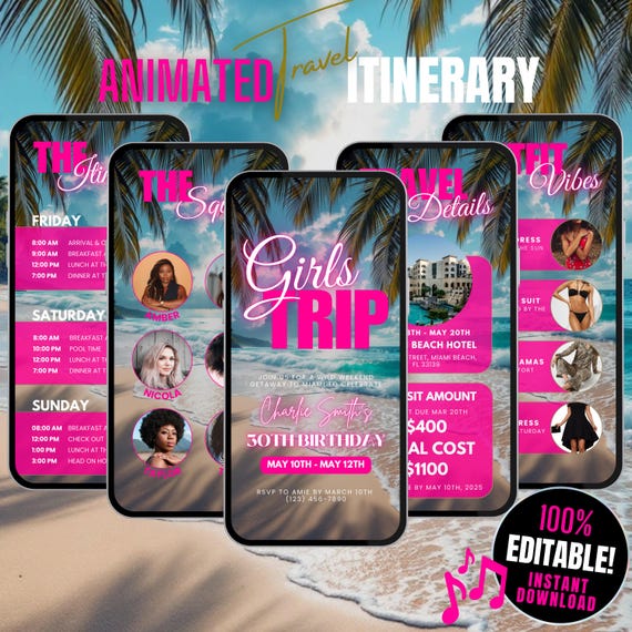 Digital Girls Trip Birthday Weekend Getaway Invitation & Travel Itinerary Template, Editable Miami Holiday Vacation Invite Schedule Planner