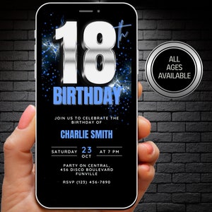 Animated 18th Birthday Invitation for Boys, Mens Blue 18th Birthday Invite Digital Template, Eighteen Birthday Party Evite, Silver Black
