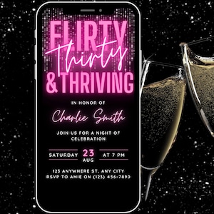 Flirty Thirty and Thriving 30th Birthday Invite Digital Invitation for her, Pink Black Glitz and Glam Elegant Birthday Invitation Template
