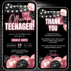 Animierte offizielle Teenager einladen, 13. Geburtstags-Einladung für Mädchen, Blush Pink Video Invite Digital 13 Bday Party Evite & Danke eCard