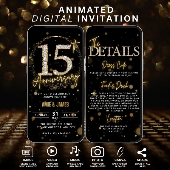15th Anniversary Party Invitation & Itinerary, Elegant Black Gold