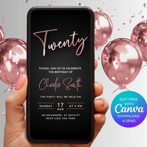 20. Geburtstag Einladung für Frauen, 20. Geburtstag Einladung digitale Vorlage, bearbeitbare Rose Gold Minimalist Evite, Sofort Download elektronische