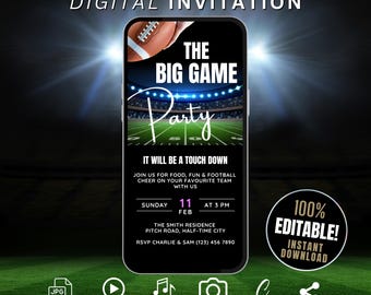 Super Bowl Party Invitation, Animated Football Watch Party Invite, American Football Evite, Phone Invitation, Super Game Sunday