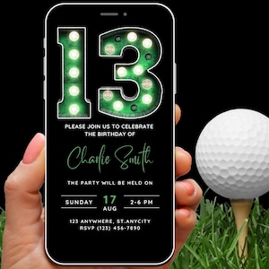 13. Geburtstags-Einladung für Jungen, 13-jährige Geburtstagsfeier-virtuelle Invite, Einfache Diskrete Top Golf Sport Themed Text Invite Evite