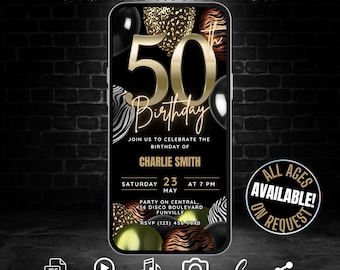 Digital 50th Birthday Party Invitation Template, Editable Fifty Birthday Milestone Animal Leopard Print 50 Video Invite with a Wild Theme