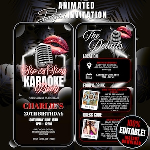 Convite digital editável para Karaokê Sip & Sing Noite de Karaokê com Coquetéis, Noite Divertida para Garotas, Convite para Festa de Karaokê Preto, Branco e Vermelho