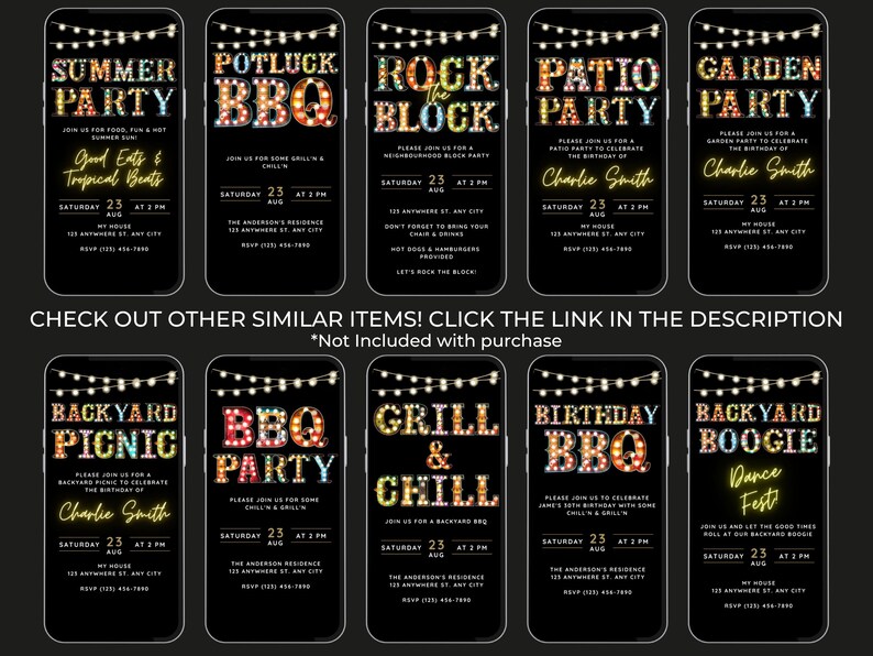 Puede incluir: Diez invitaciones digitales coloridas para una fiesta de verano. Cada invitaci&oacute;n presenta un tema diferente, como "Fiesta de verano", "BBQ de comida compartida", "Rock the Block", "Fiesta en el patio", "Fiesta en el jard&iacute;n", "P&iacute;cnic en el patio trasero", "Fiesta de BBQ", "Asar a la parrilla y relajarse", "BBQ de cumplea&ntilde;os" y "Festival de baile Boogie en el patio trasero". Cada invitaci&oacute;n tiene un fondo negro con luces de cadena blancas y texto colorido.