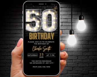 50th Birthday Invitation for Men, 50th Digital Invite Black Gold Invitation Canva Template, Fifty Bday Party Mobile Phone Invite SMS Evite