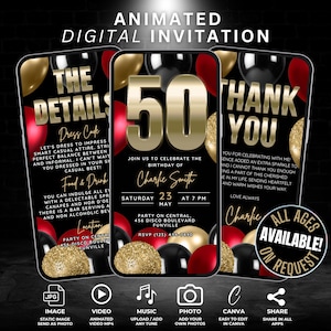 Invitation vidéo 50e anniversaire numérique, modifiable, ballon d'anniversaire rouge noir, jalon cinquantenaire, invitation à une fête avec détails et carte de remerciement