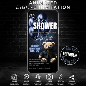 Digital Teddy Bear Denim Baby Shower Invitation Template, Self Edit Denim Theme Video Invite, We Can Bearly Wait, Its a Boy Party Invite