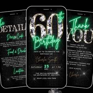 Animated 60th Birthday Invitation for Women, Diamond 60th Party Invite Digital Evite Template Sixty Invite with Itinerary & Thank You eCard