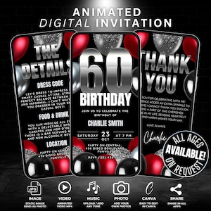 デジタル 60 歳の誕生日ビデオ招待状テンプレート、赤と銀の風船の 60 歳の誕生日の節目パーティー招待状、詳細とサンキュー カード付き