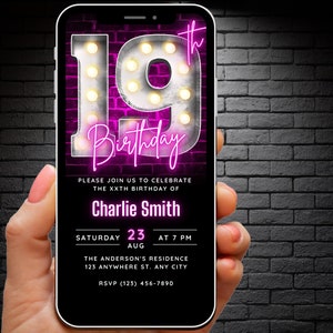 Download do modelo de convite de 19º aniversário para mulheres, convite de 19º aniversário, divertido retrô 19ª festa Digital Evite Modern Ecard convite editável