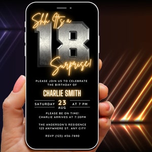 Invito a sorpresa per il 18° compleanno per uomini Invito per 18 anni per adulti Invito telefonico Retro Shh È un invito a sorpresa Invito digitale per lui Ragazzo