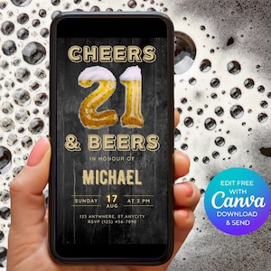 Digital 21st Birthday Invitation for Men, Cheers & Beers 21 Invite for Men, Adult Invitation Template, Email Invitation, Beer Invite, Evite