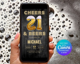 Digital 21st Birthday Invitation for Men, Cheers & Beers 21 Invite for Men, Adult Invitation Template, Email Invitation, Beer Invite, Evite